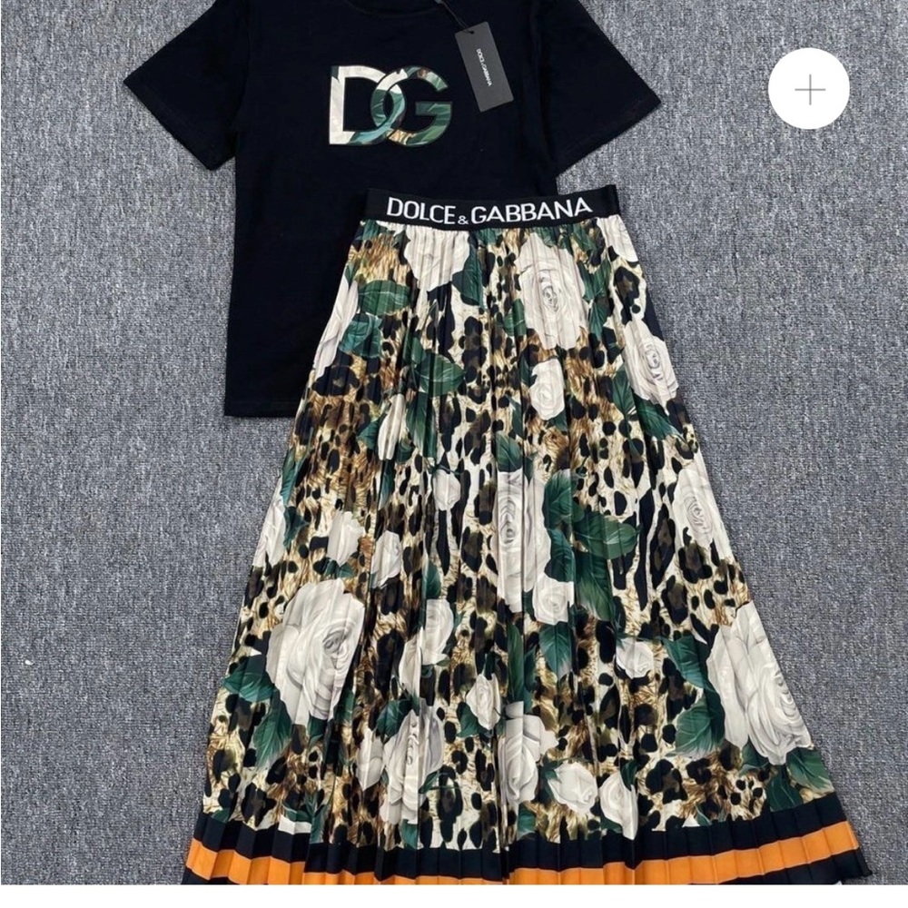Dolce & Gabbana Black Tee with Floral Leopard Skirt